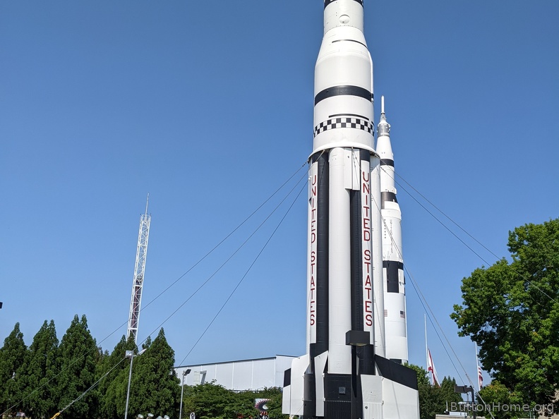 Saturn IB with the Saturn V in the background